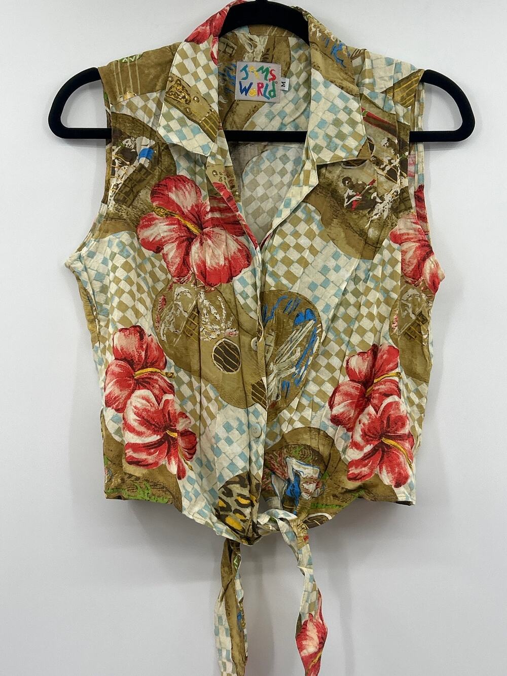 Jams World Hawaiian Floral Tie Front Crop Top Rayon Sleeveless Button Up Size M